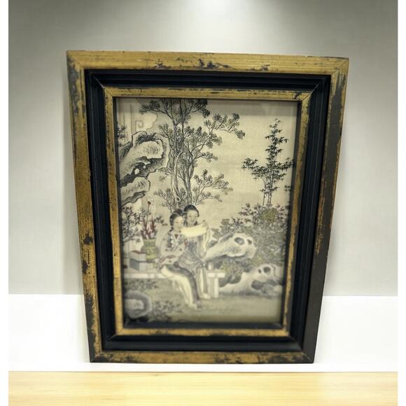 Antique Japanese Woodblock Print Hand Tinted 19th Century Geishas with Scroll - Picture 1 of 7